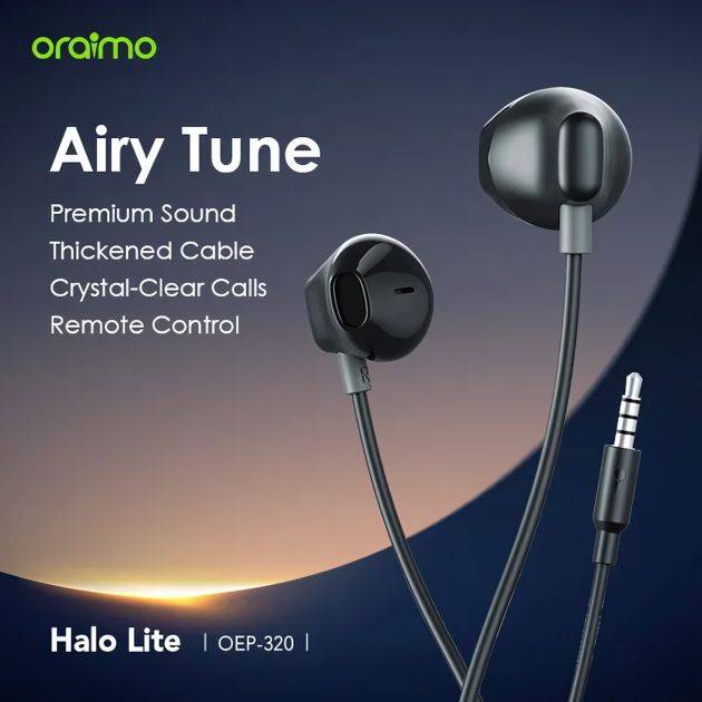 Écouteurs filaires Oraimo -  Halo Lite – Demi-intra-auriculaires – Jack 3,5 mm – Haut-parleurs 14,2 mm  – Microphone intégré pour appels clairs - Garantie 12 mois