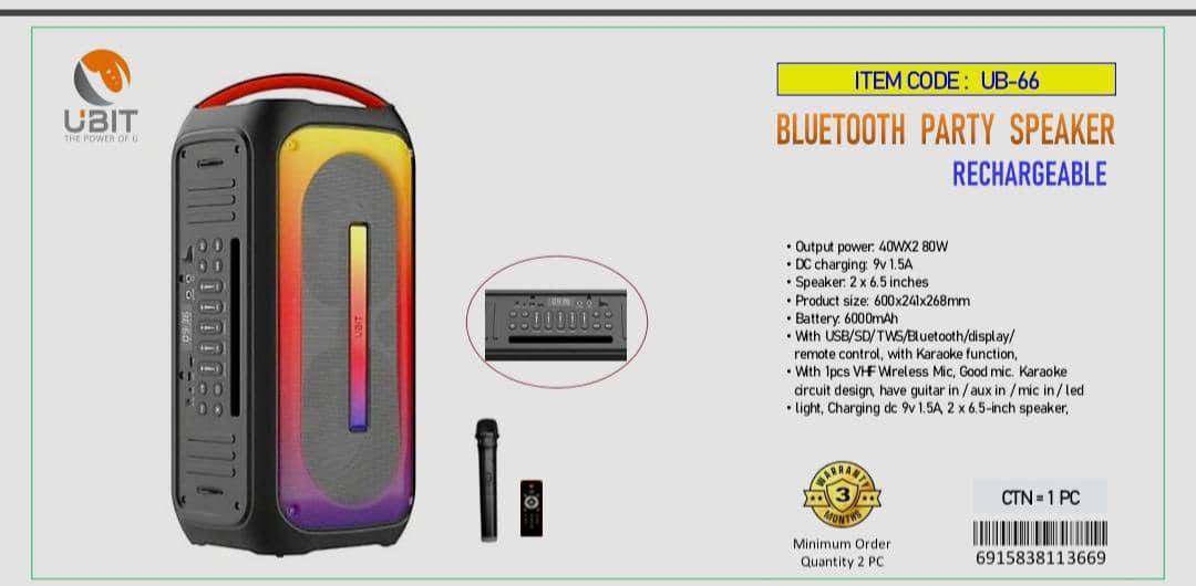 Enceinte Bluetooth Ubit -  UB-66 -  80W -  Rechargeable avec Karaoké - Garantie 03 Mois