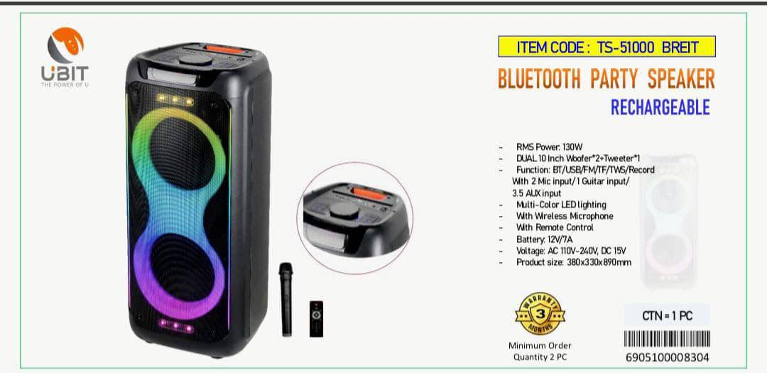 Enceinte Bluetooth Ubit - TS-51000 BREIT  - avec Double Woofer 10 pouces - Garantie 03 Mois