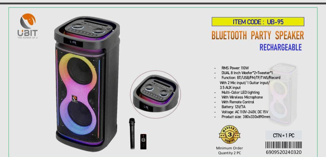 Enceinte Bluetooth Ubit UB-95  - Double Woofer - 8 pouces Karaoké - Garantie 03 Mois