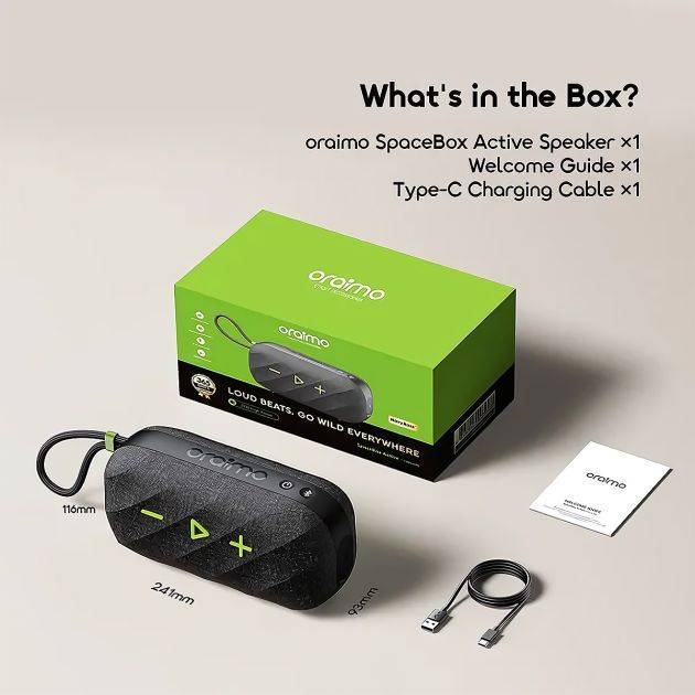 Enceinte Bluetooth portable Oraimo  - SpaceBox Active 25W – Son puissant – Basses renforcées – Égaliseur personnalisable – Radio FM – Résistance à l’eau IP55 – Noir – Garantie 12 mois