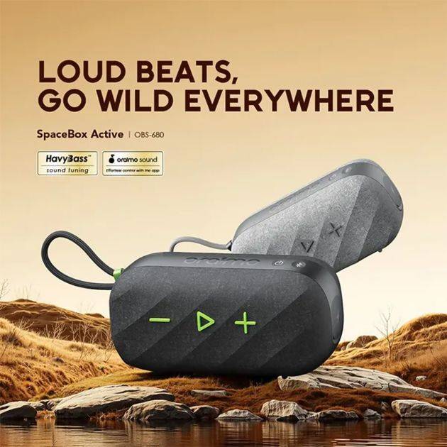Enceinte Bluetooth portable Oraimo  - SpaceBox Active 25W – Son puissant – Basses renforcées – Égaliseur personnalisable – Radio FM – Résistance à l’eau IP55 – Noir – Garantie 12 mois