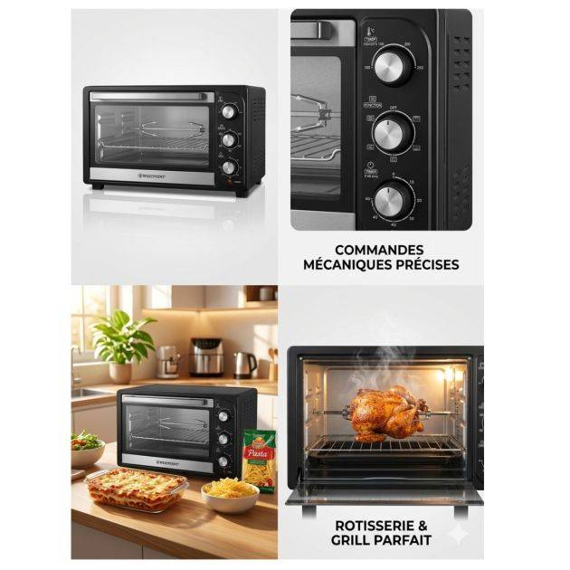 FOUR ÉLECTRIQUE WESTPOINT  - 35L -  WOY-3515.4 – Rôtisserie & Grill – 1500W – Thermostat 250°C – Minuterie 60 min – Noir & Inox – 03 Mois de garantie
