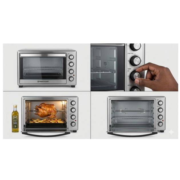 Four Électrique WESTPOINT 63L – WOY-6317.5 – Rôtisserie & Grill – 1500W – Thermostat 250°C – Minuteur 60 Min – Noir & Inox – 03 Mois de garantie
