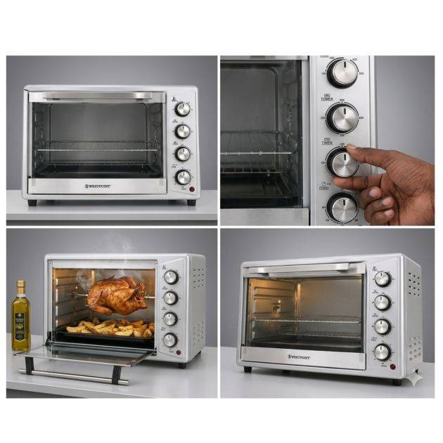 Four Électrique WESTPOINT 63L – WOY-6317.5 – Rôtisserie & Grill – 1500W – Thermostat 250°C – Minuteur 60 Min – Noir & Inox – 03 Mois de garantie