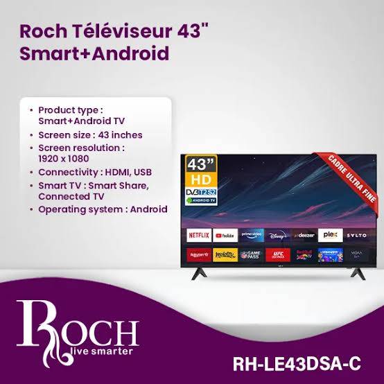 Télévision Smart  -Roch - RH-LE43DSA- A - 43 Pouces- Androide + Support Murale - 6 mois de Garantie 