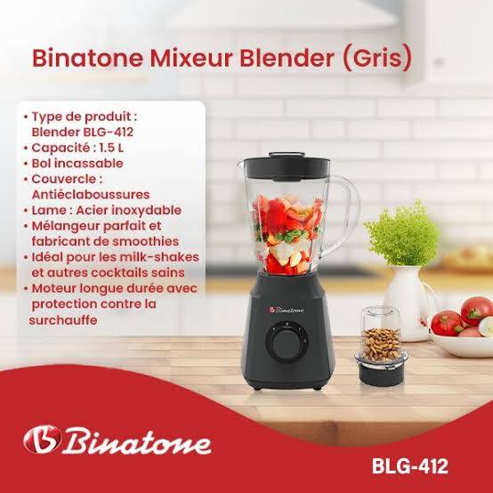 Binatone-  Blender BLG-412 – Blender 300W – Capacité 1.5L – Gris – 03 Mois de Garantie