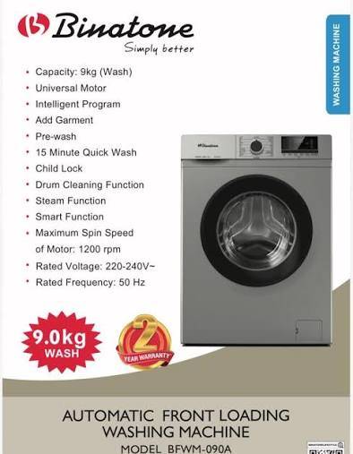 Washing Machine Fully Automatic Front Load 9KG – BFWM-090A – 500W – 06 Mois de Garantie