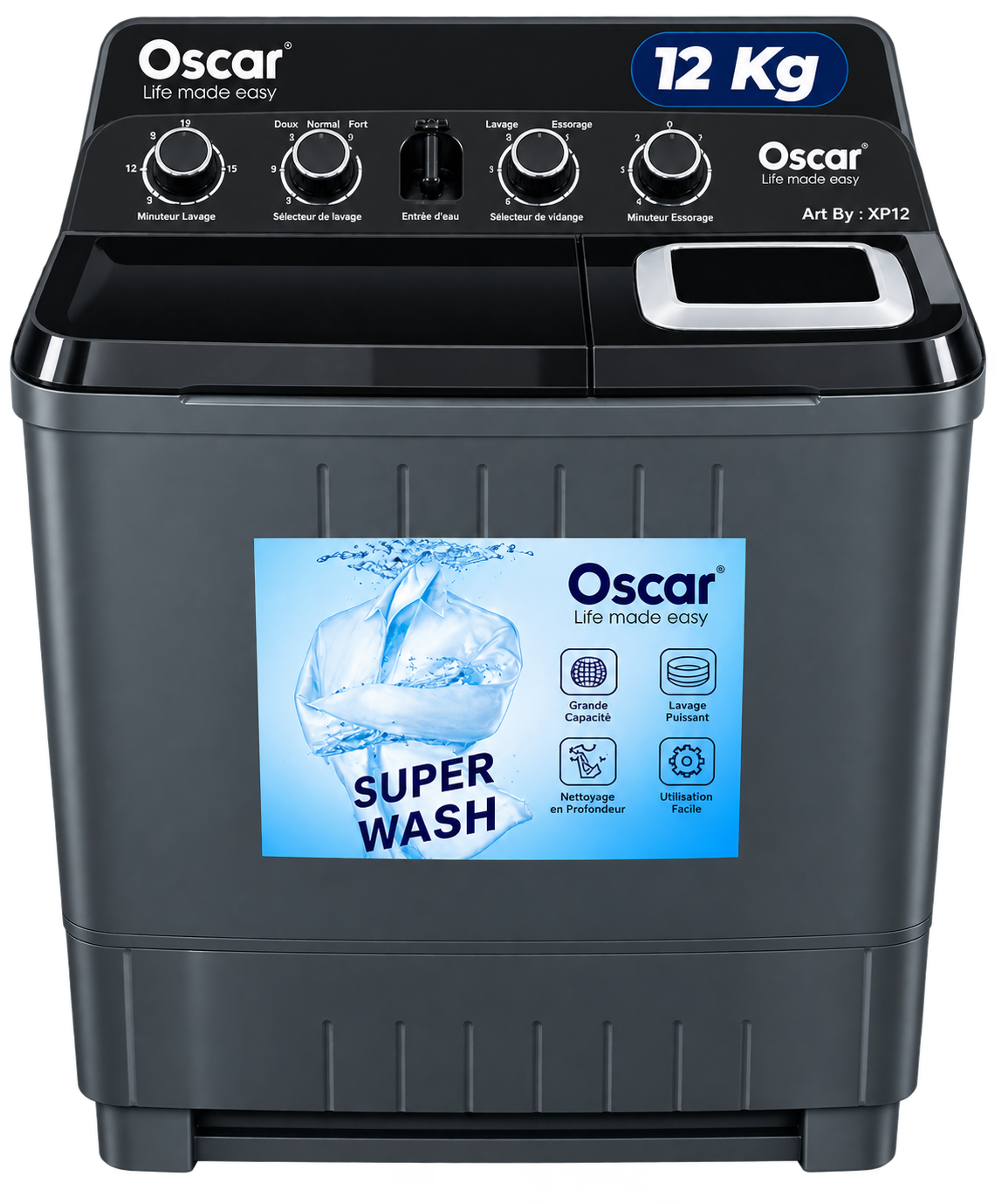Machine à laver semi-automatique OSCAR OSC-XP12-  12 kg - Noir – 6 Mois de Garantie