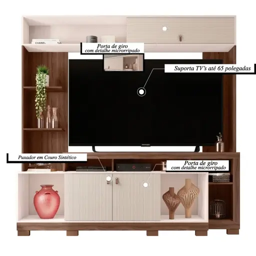 Meuble TV - Sinfonia - Pour écrans jusqu'à 65 pouces - 200,3 x 208 x 45,2 cm- 2 Portes - 3 Etagères - Compartiment Haut-parleur