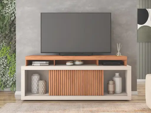 Meuble Tv 70 pouces  - Aegon  - 8002000018-473 - brun givré - meuble télévision pour salon avec 3 étagères -  niches et comptoir  - roulettes incluses - bois d’ingénierie peint 