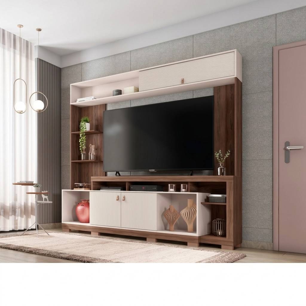 Meuble TV - Sinfonia - Pour écrans jusqu'à 65 pouces - 200,3 x 208 x 45,2 cm- 2 Portes - 3 Etagères - Compartiment Haut-parleur