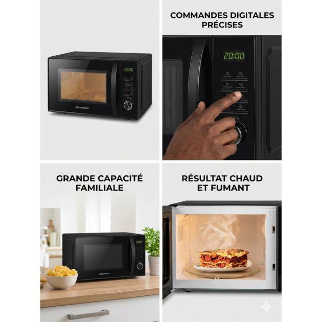 Micro-Ondes Digital 25L  - WESTPOINT WMS2524EN – Puissance 900W – Menu Auto – Décongélation – Noir – 03 Mois de garantie