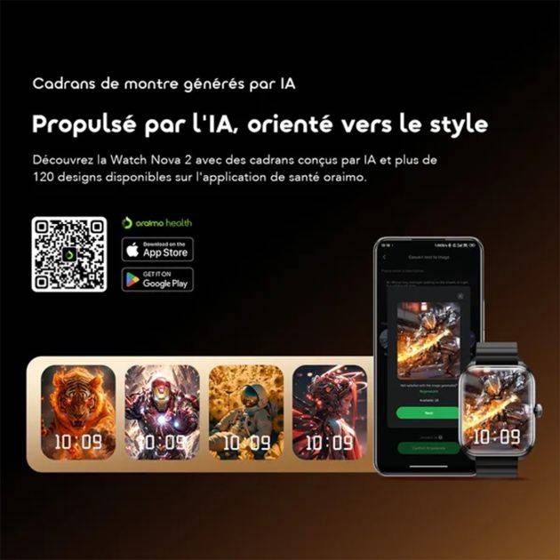 Montre connectée  Oraimo -  Watch Nova 2 – OSW‑814 – Écran AMOLED Tactile incurvé 2,01’’ – Appels HD Bluetooth – +100 modes sportifs – Étanchéité IP68 – Autonomie jusqu'à 20 jours –Bracelet de rechange – Garantie 12 Mois