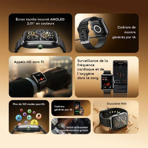 Montre connectée  Oraimo -  Watch Nova 2 – OSW‑814 – Écran AMOLED Tactile incurvé 2,01’’ – Appels HD Bluetooth – +100 modes sportifs – Étanchéité IP68 – Autonomie jusqu'à 20 jours –Bracelet de rechange – Garantie 12 Mois