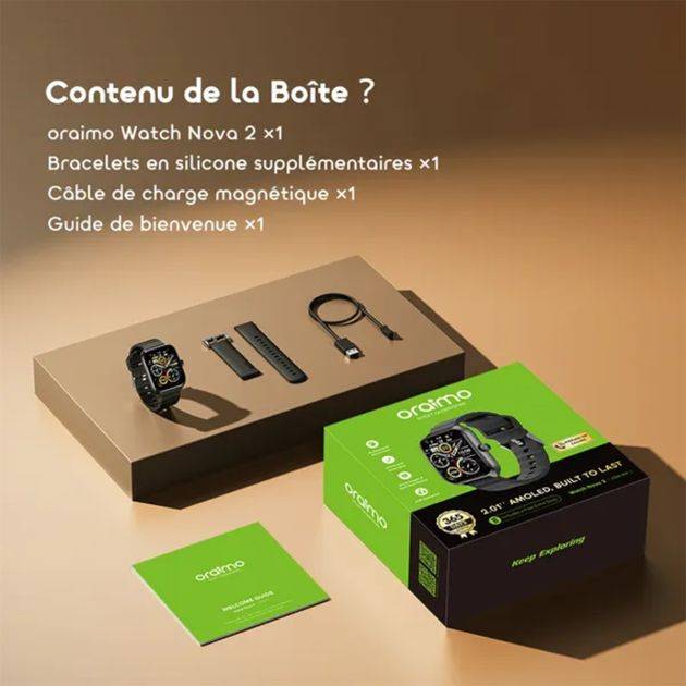 Montre connectée  Oraimo -  Watch Nova 2 – OSW‑814 – Écran AMOLED Tactile incurvé 2,01’’ – Appels HD Bluetooth – +100 modes sportifs – Étanchéité IP68 – Autonomie jusqu'à 20 jours –Bracelet de rechange – Garantie 12 Mois