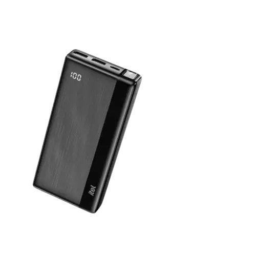 Power Bank itel  - PowerPulse A1160 – 20 000 mAh – 12W Fast Charging – 3 ports (2 USB-A + 1 USB-C) – Charge jusqu’à 3 appareils simultanément – Affichage numérique LED – Lampe torche intégrée – Noir – Garantie 1 an