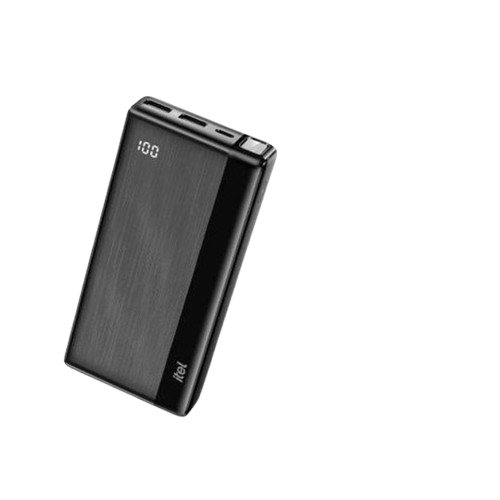 Power Bank itel  - PowerPulse A1160 – 20 000 mAh – 12W Fast Charging – 3 ports (2 USB-A + 1 USB-C) – Charge jusqu’à 3 appareils simultanément – Affichage numérique LED – Lampe torche intégrée – Noir – Garantie 1 an