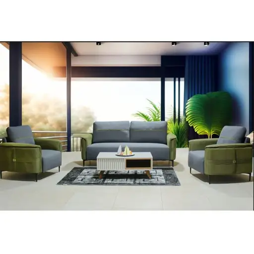 Salon Tombouctou 05 Places En Toile Epaisse  – 1+1+3 – Gris/Vert - Ensemble adapté à l’aménagement du salon