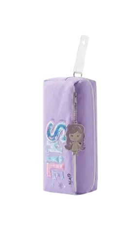 Trousse Scolaire "SMILE Girls" – Violette - Broderie - Pailletée - Pendentif Fillette - Zip avec tirette - Rectangulaire 