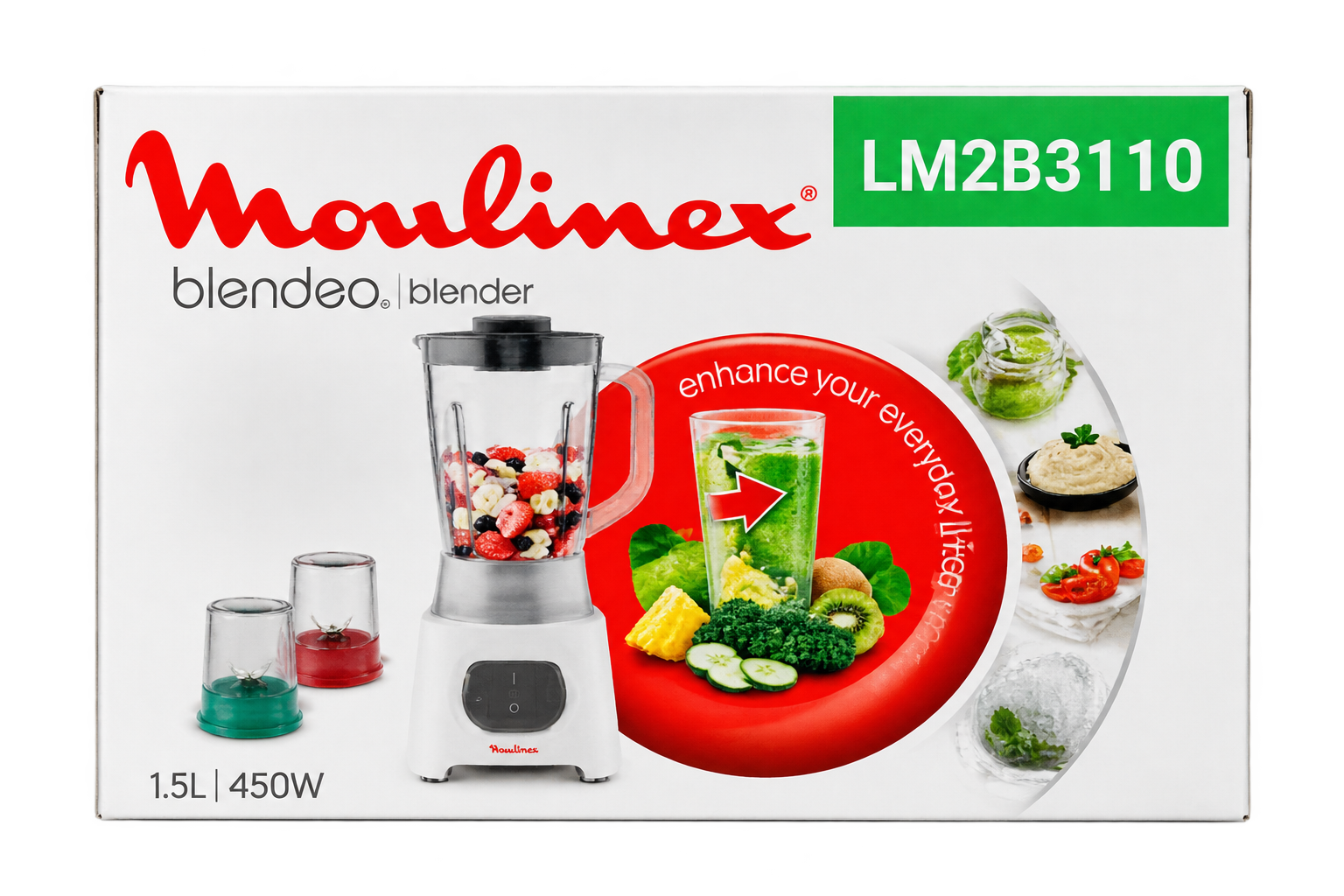  Blender électrique Moulinex LM2B3110 UNO – 450 W – Bol 1,5 L – Hachoir et Broyeur – Blanc - 03 mois de garantie
